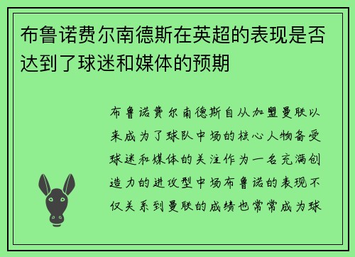 布鲁诺费尔南德斯在英超的表现是否达到了球迷和媒体的预期